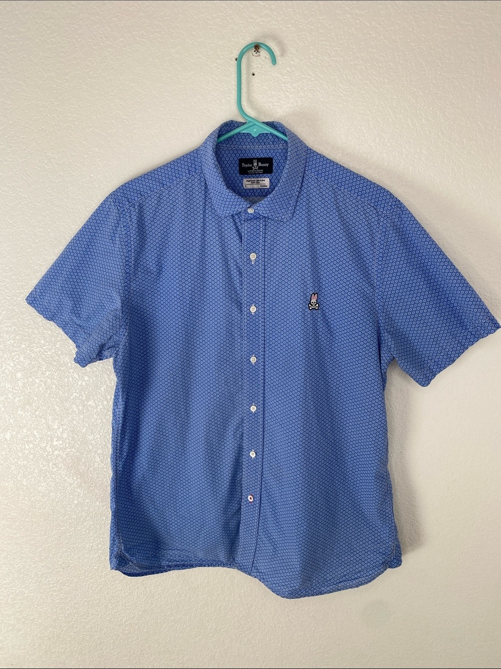 Psycho Bunny Light Blue Short-Sleeve Button-Down Shirt with Micro Pattern Size L